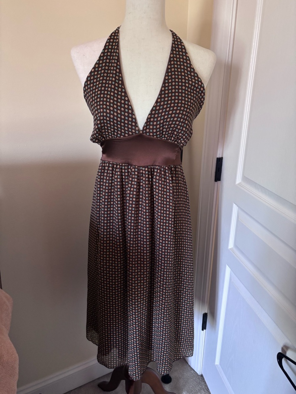 Polka Dot Halter Midi Dress in Brown